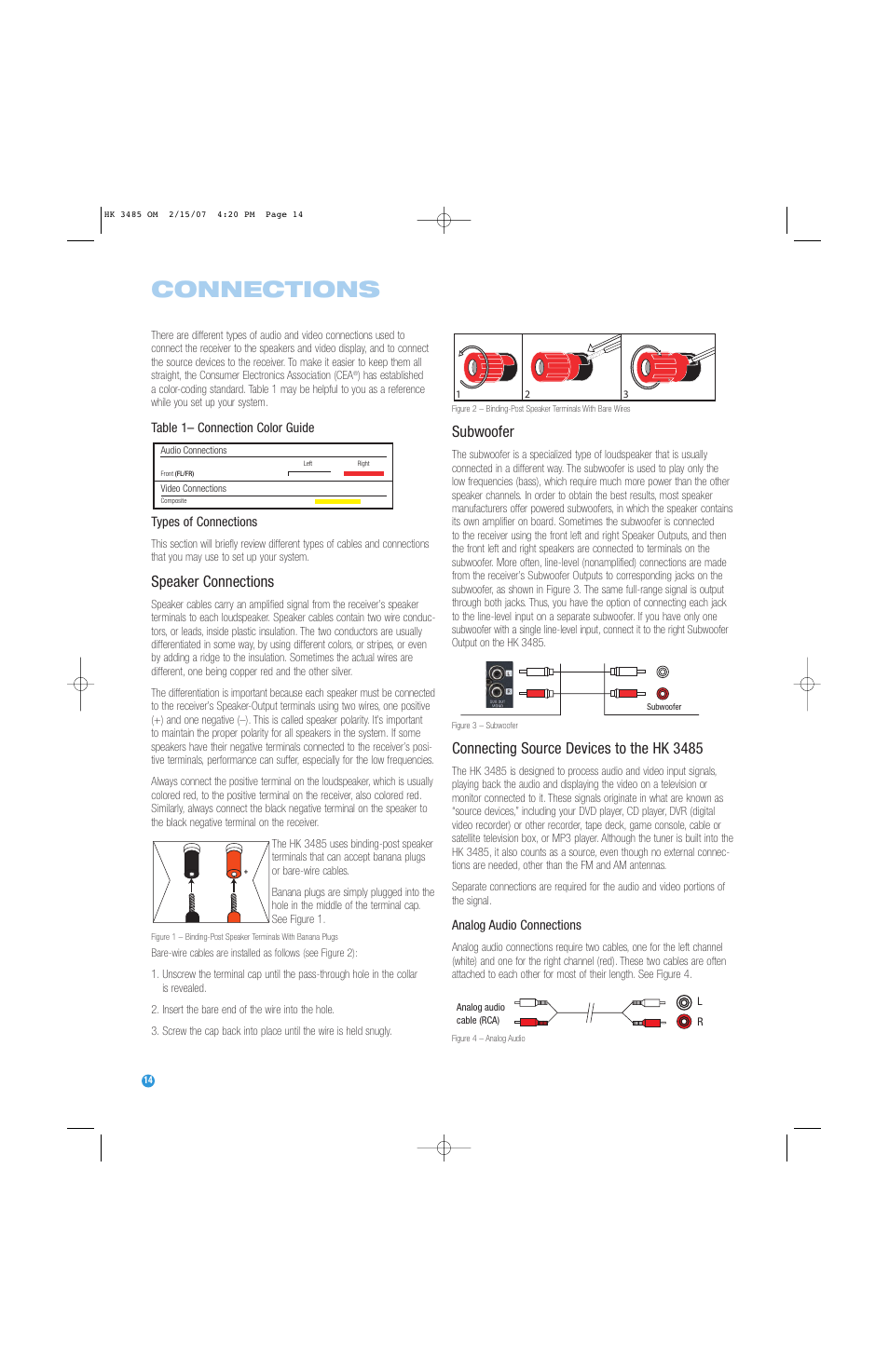 Connections, Speaker connections, Subwoofer | Connecting source devices to the hk 3485 | Harman-Kardon HK 3485 User Manual | Page 14 / 28