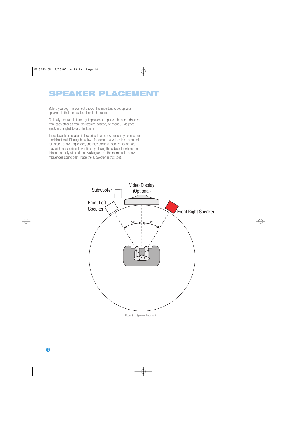 Speaker placement | Harman-Kardon HK 3485 User Manual | Page 16 / 28