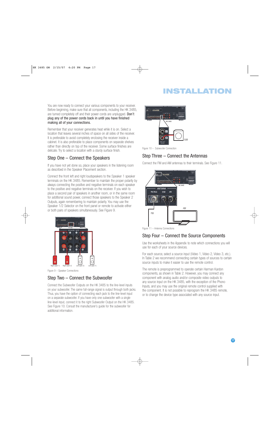 Installation, Step one – connect the speakers, Step two – connect the subwoofer | Step three – connect the antennas, Step four – connect the source components | Harman-Kardon HK 3485 User Manual | Page 17 / 28