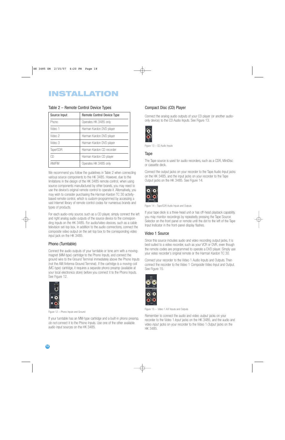 Installation | Harman-Kardon HK 3485 User Manual | Page 18 / 28