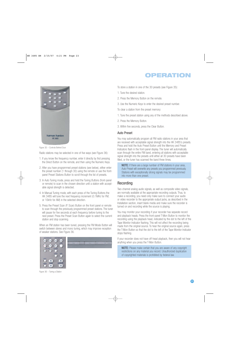 Operation, Recording | Harman-Kardon HK 3485 User Manual | Page 23 / 28