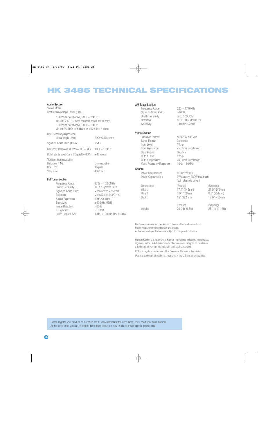 Hk 3485 technical specifications | Harman-Kardon HK 3485 User Manual | Page 26 / 28