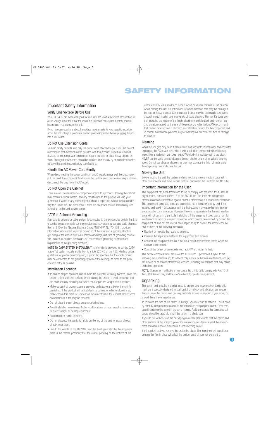 Safety information, Important safety information, Unpacking | Harman-Kardon HK 3485 User Manual | Page 3 / 28