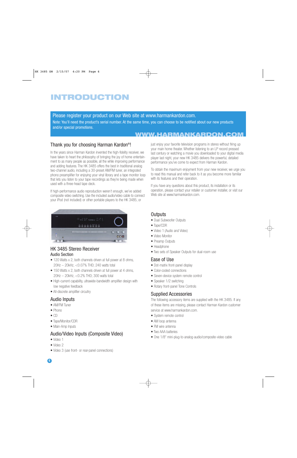 Introduction | Harman-Kardon HK 3485 User Manual | Page 6 / 28