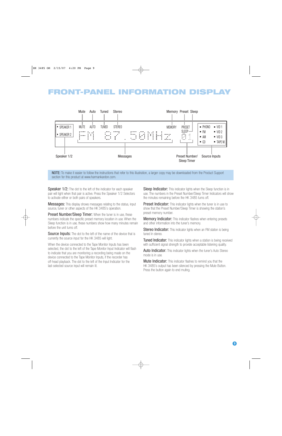 Front-panel information display | Harman-Kardon HK 3485 User Manual | Page 9 / 28