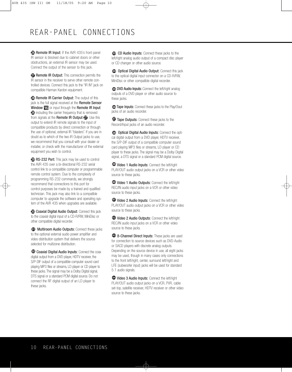 Rear-panel connections, 10 rear-panel connections | Harman-Kardon AVR 435 User Manual | Page 10 / 60