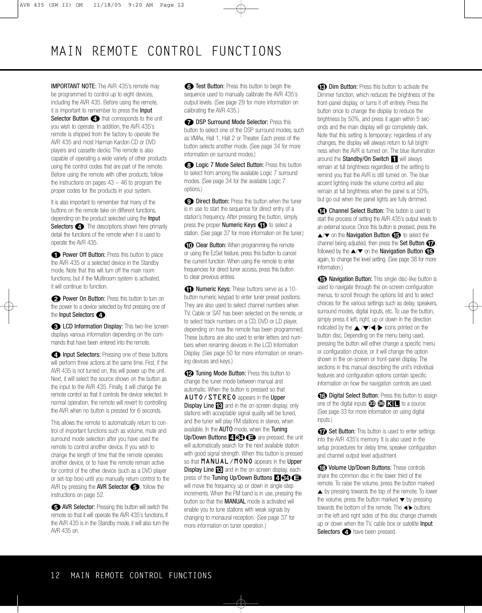 Main remote control functions, 12 main remote control functions | Harman-Kardon AVR 435 User Manual | Page 12 / 60