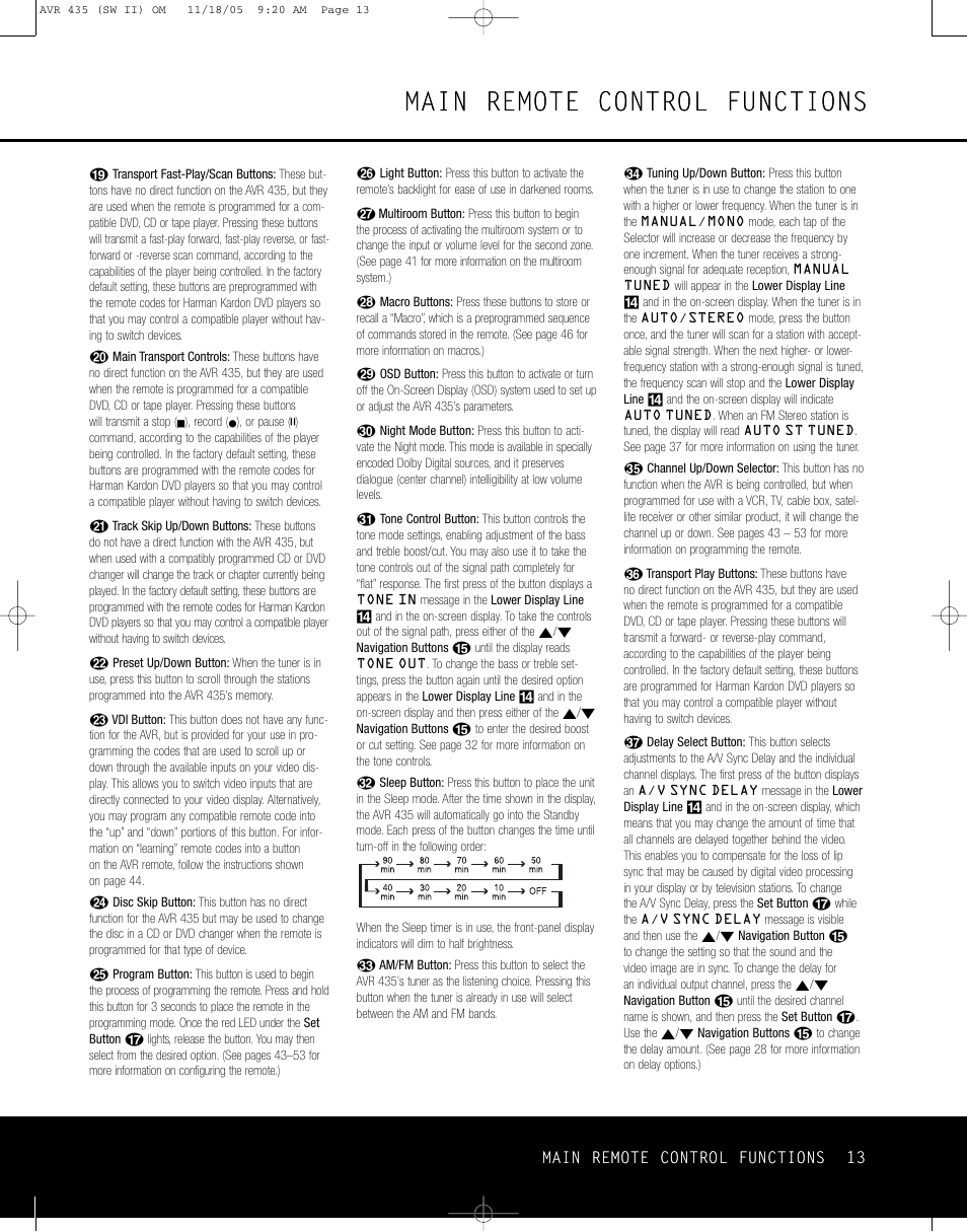 Main remote control functions | Harman-Kardon AVR 435 User Manual | Page 13 / 60