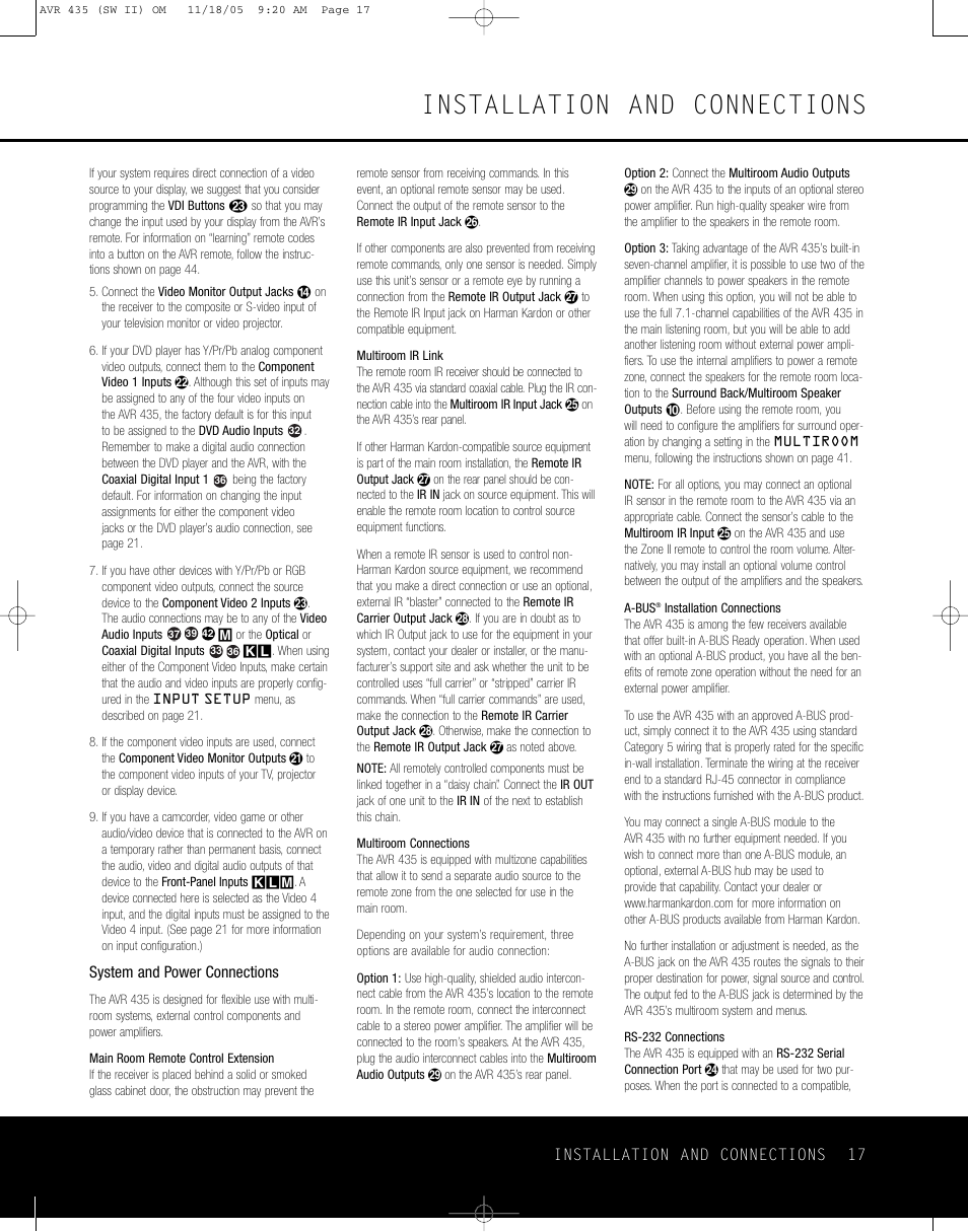 Installation and connections, Installation and connections 17, System and power connections | Harman-Kardon AVR 435 User Manual | Page 17 / 60