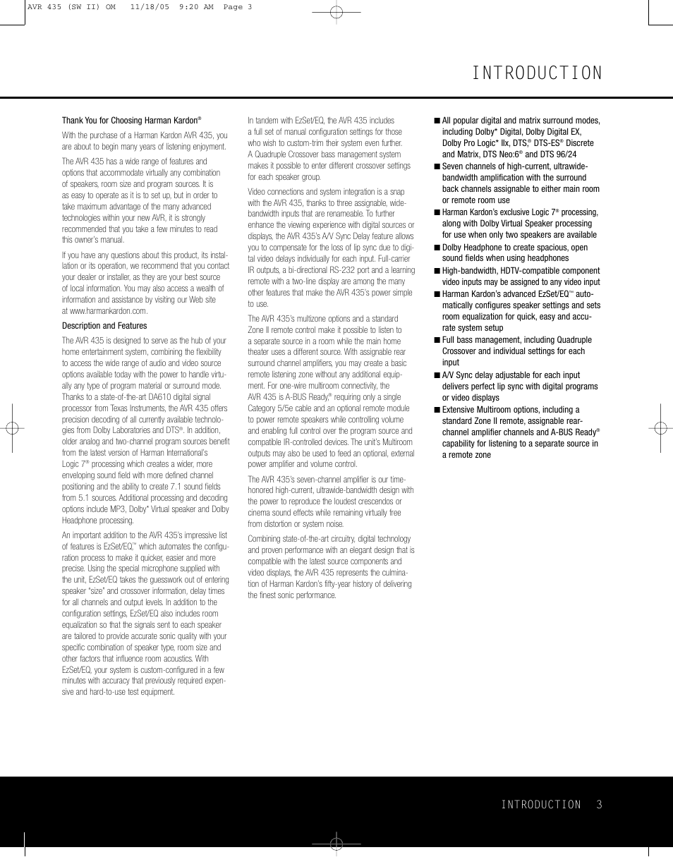 Introduction | Harman-Kardon AVR 435 User Manual | Page 3 / 60