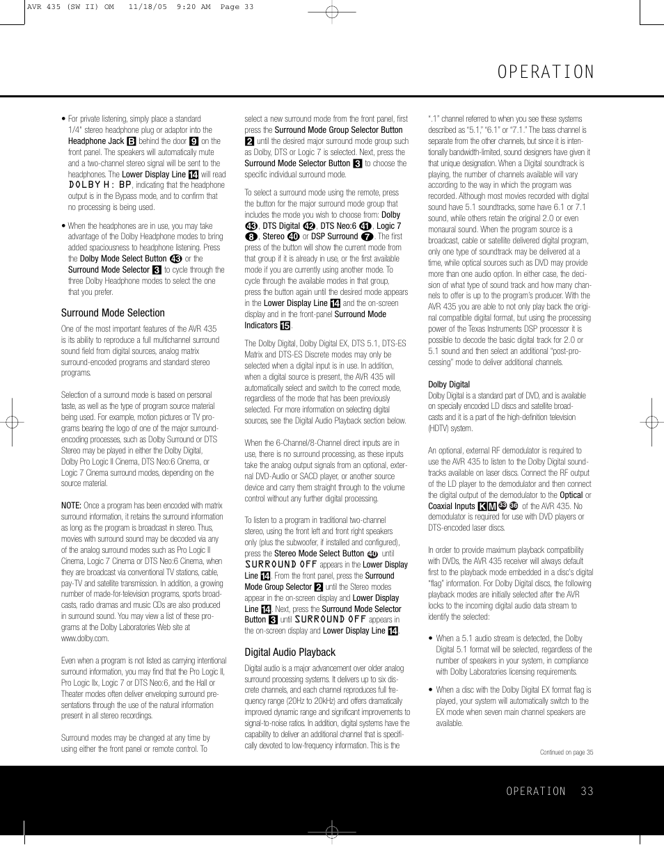 Operation, Operation 33, Surround mode selection | Digital audio playback | Harman-Kardon AVR 435 User Manual | Page 33 / 60