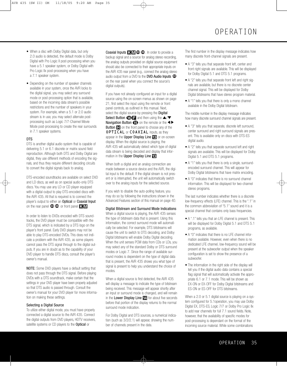 Operation, Operation 35 | Harman-Kardon AVR 435 User Manual | Page 35 / 60