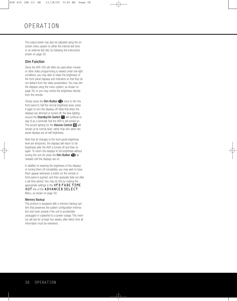 Operation | Harman-Kardon AVR 435 User Manual | Page 38 / 60