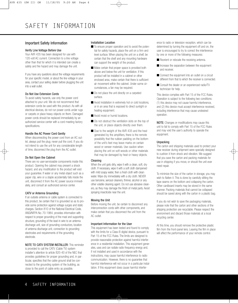 Safety information | Harman-Kardon AVR 435 User Manual | Page 4 / 60