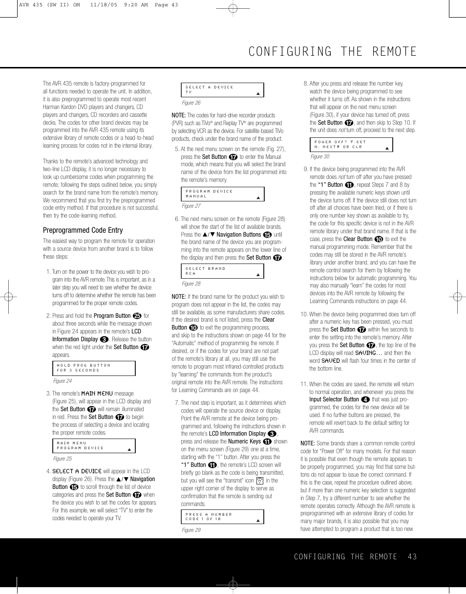 Configuring the remote | Harman-Kardon AVR 435 User Manual | Page 43 / 60