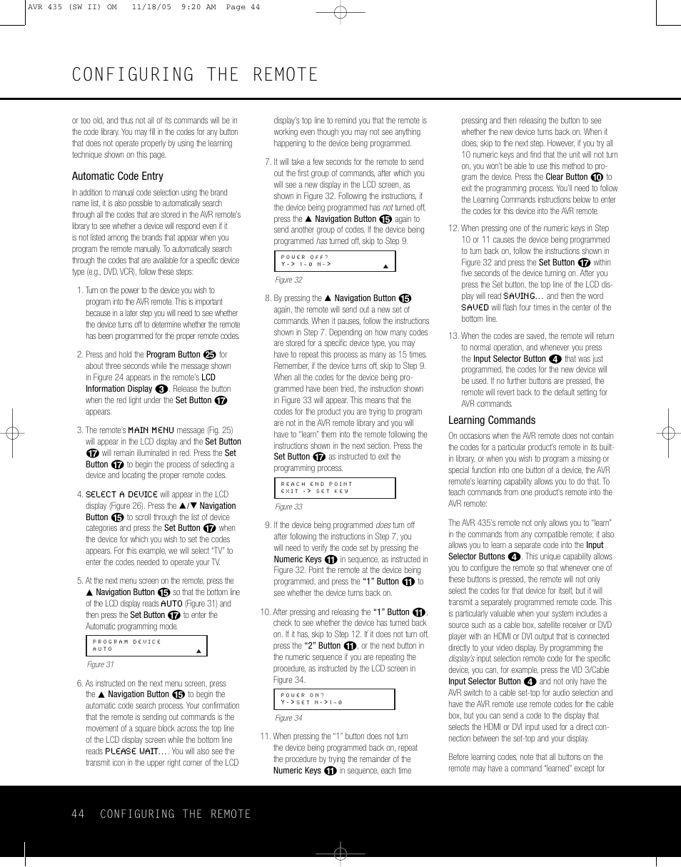Configuring the remote | Harman-Kardon AVR 435 User Manual | Page 44 / 60