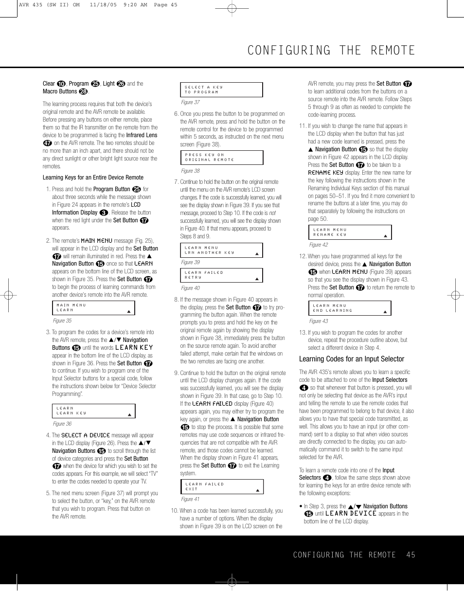 Configuring the remote | Harman-Kardon AVR 435 User Manual | Page 45 / 60