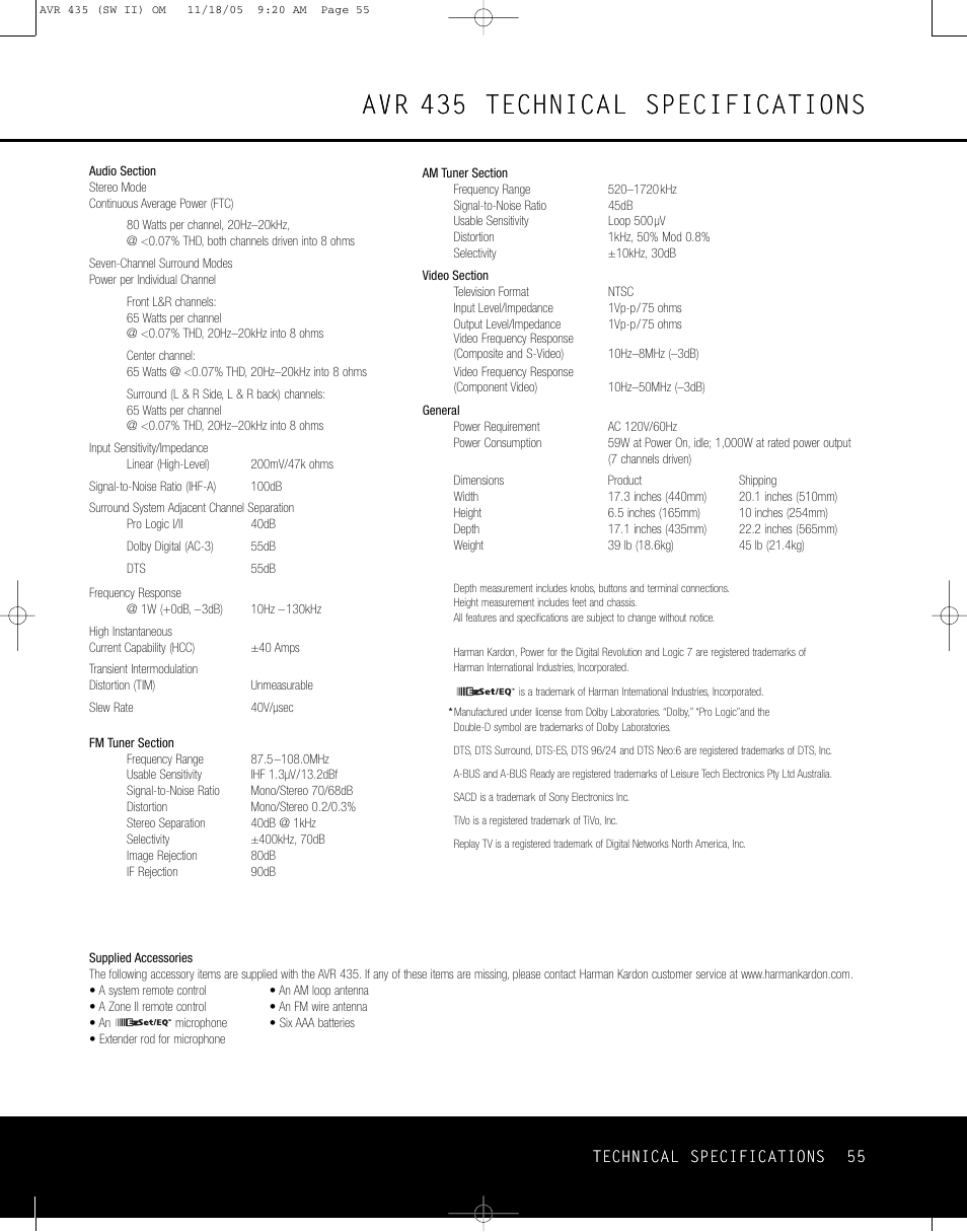 Avr 435 technical specifications | Harman-Kardon AVR 435 User Manual | Page 55 / 60