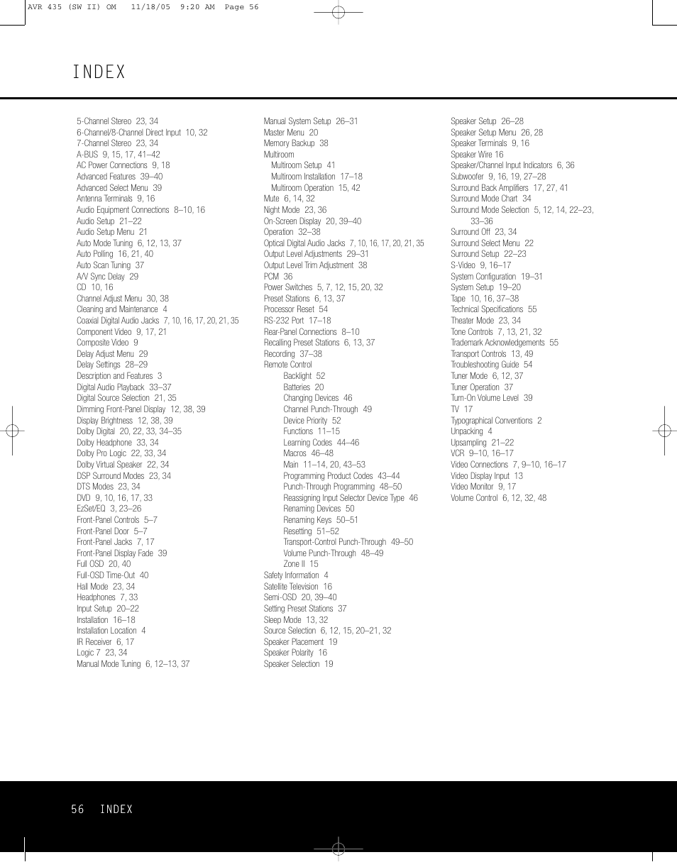 Index | Harman-Kardon AVR 435 User Manual | Page 56 / 60