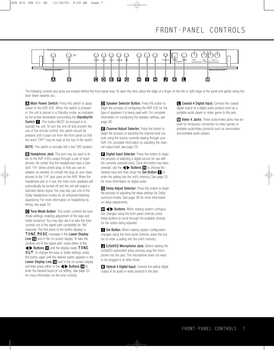 Front-panel controls | Harman-Kardon AVR 435 User Manual | Page 7 / 60