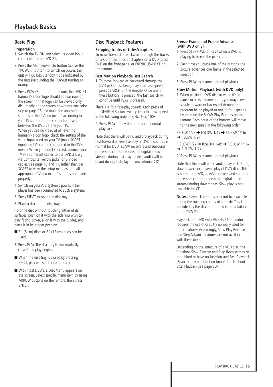 Playback basics | Harman-Kardon DVD 21 User Manual | Page 15 / 34