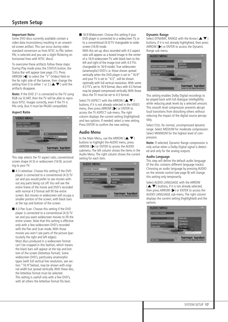 System setup | Harman-Kardon DVD 21 User Manual | Page 17 / 34