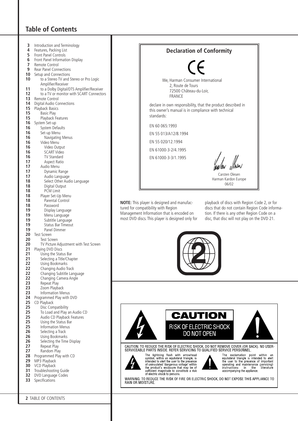 Harman-Kardon DVD 21 User Manual | Page 2 / 34