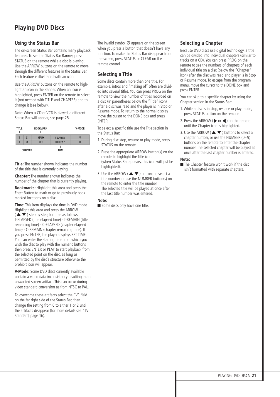Playing dvd discs, Using the status bar, Selecting a title | Selecting a chapter | Harman-Kardon DVD 21 User Manual | Page 21 / 34