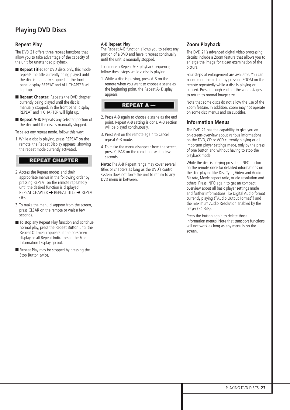 Playing dvd discs | Harman-Kardon DVD 21 User Manual | Page 23 / 34