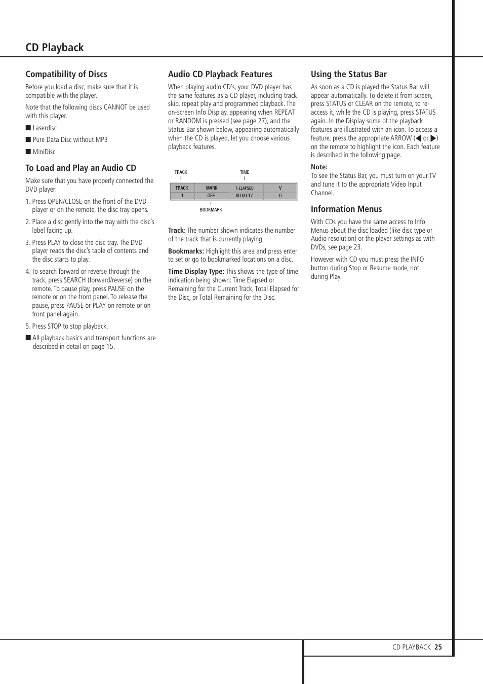 Cd playback, Compatibility of discs, Audio cd playback features | Using the status bar, Information menus | Harman-Kardon DVD 21 User Manual | Page 25 / 34