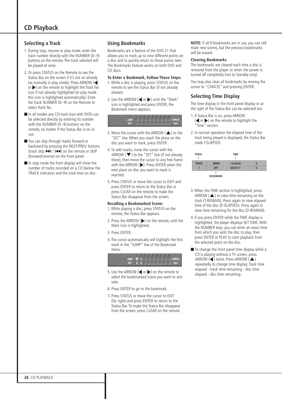 Cd playback, Selecting a track, Using bookmarks | Selecting time display | Harman-Kardon DVD 21 User Manual | Page 26 / 34