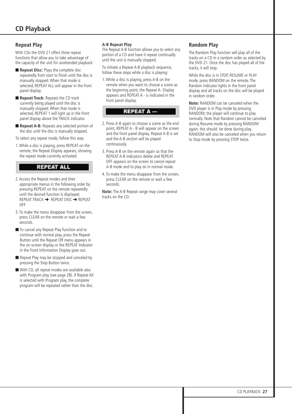 Cd playback | Harman-Kardon DVD 21 User Manual | Page 27 / 34