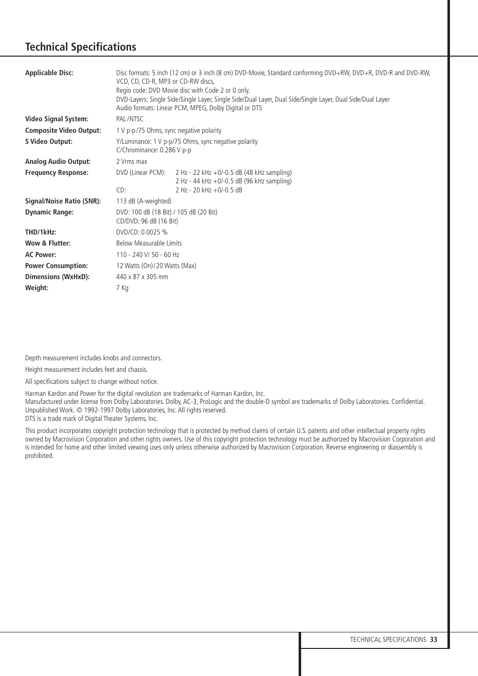 Technical specifications | Harman-Kardon DVD 21 User Manual | Page 33 / 34