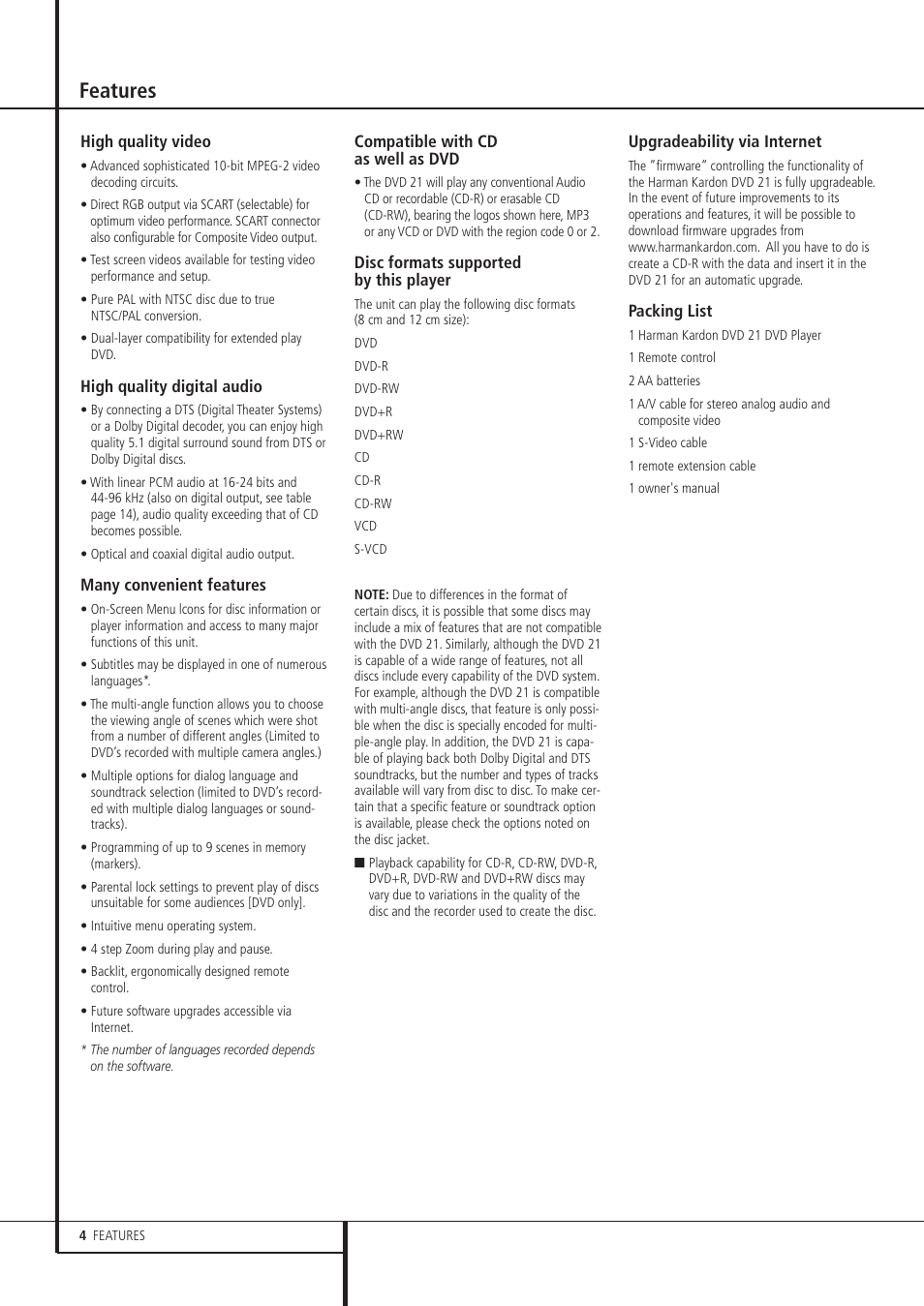 Features | Harman-Kardon DVD 21 User Manual | Page 4 / 34