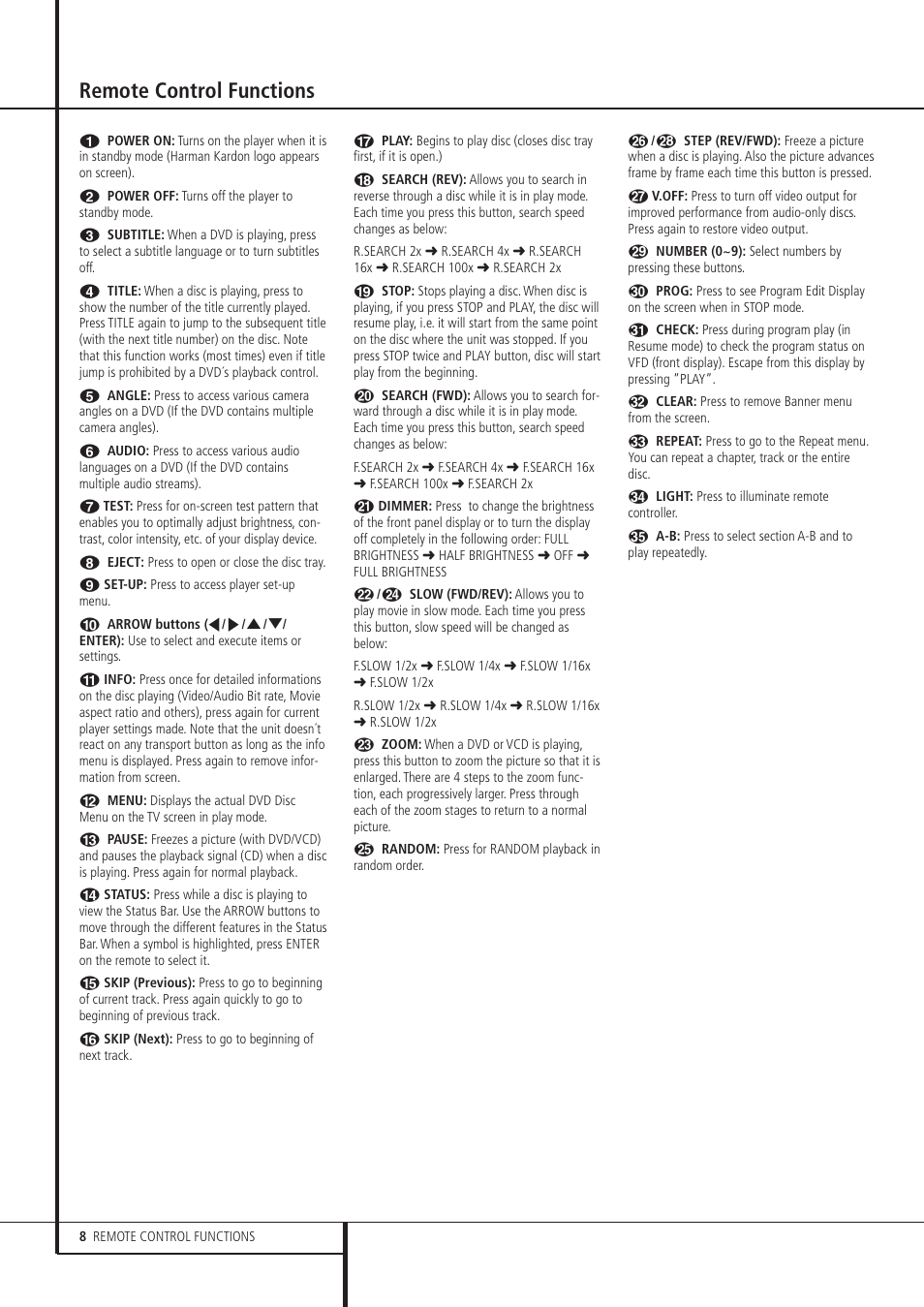 Remote control functions | Harman-Kardon DVD 21 User Manual | Page 8 / 34