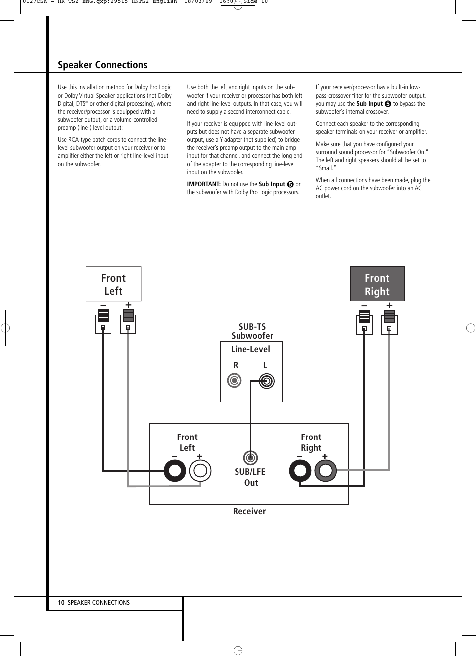 Front right front left, Speaker connections | Harman-Kardon HKTS 2 User Manual | Page 10 / 16