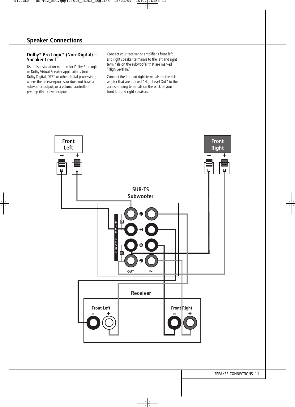 Speaker connections, Receiver, Sub-ts subwoofer | Harman-Kardon HKTS 2 User Manual | Page 11 / 16