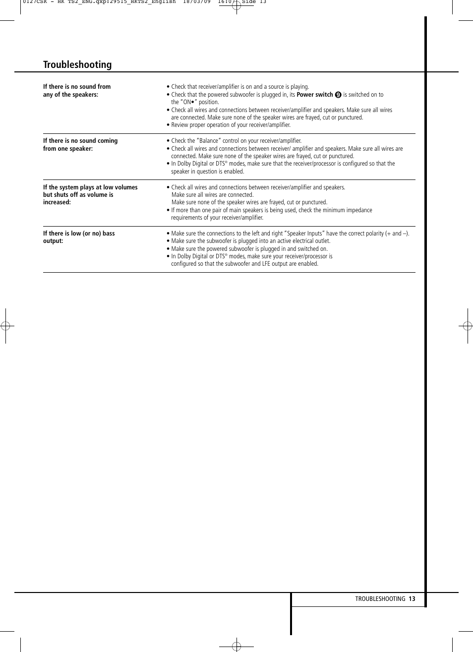 Troubleshooting | Harman-Kardon HKTS 2 User Manual | Page 13 / 16