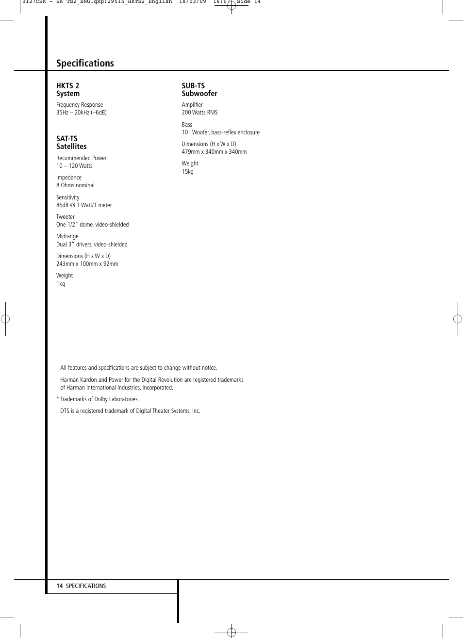 Specifications | Harman-Kardon HKTS 2 User Manual | Page 14 / 16