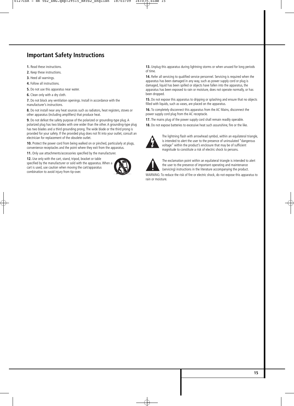 Important safety instructions | Harman-Kardon HKTS 2 User Manual | Page 15 / 16