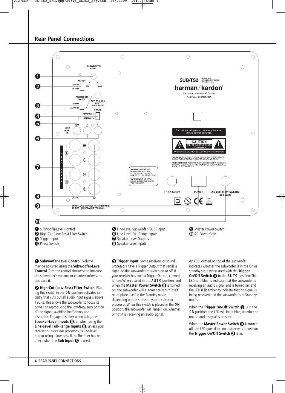 Rear panel connections, Sub-ts2 | Harman-Kardon HKTS 2 User Manual | Page 4 / 16