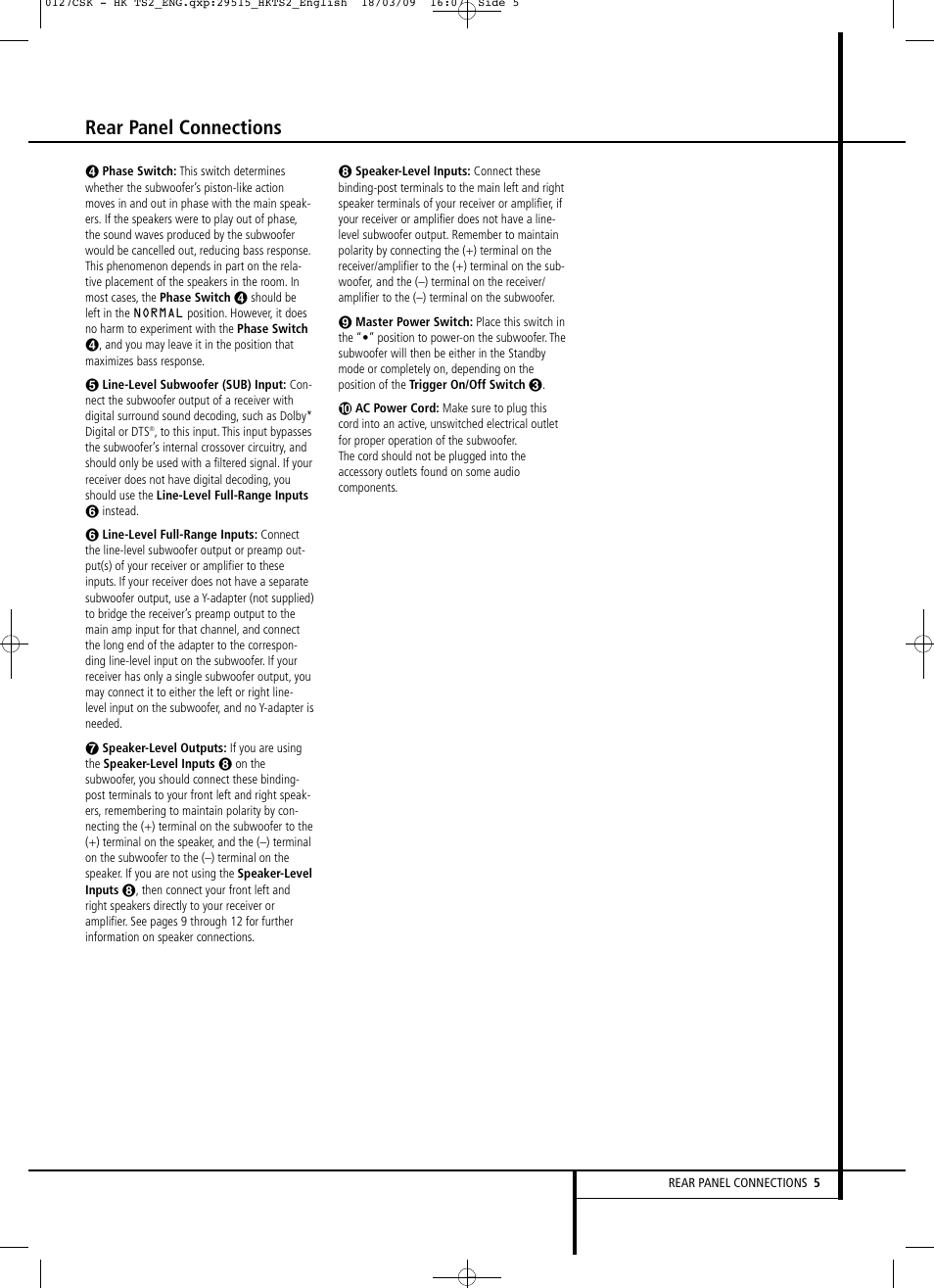 Rear panel connections | Harman-Kardon HKTS 2 User Manual | Page 5 / 16
