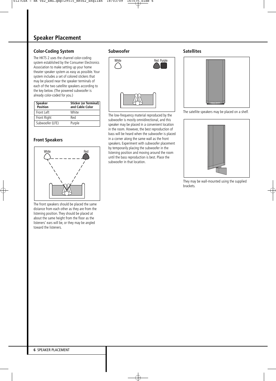 Speaker placement | Harman-Kardon HKTS 2 User Manual | Page 6 / 16