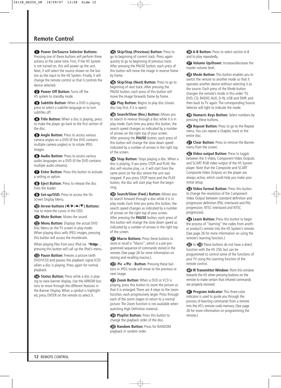 Remote control | Harman-Kardon HS 250 User Manual | Page 12 / 32