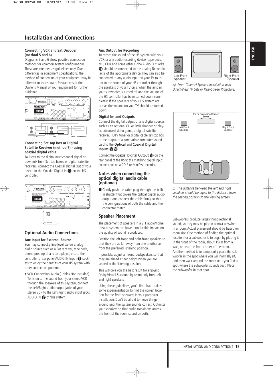 Installation and connections, Optional audio connections, Speaker placement | Harman-Kardon HS 250 User Manual | Page 15 / 32