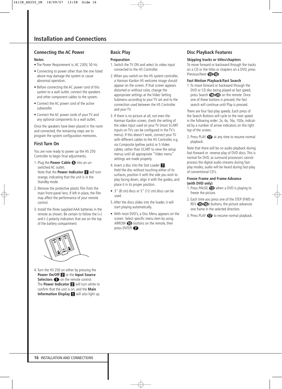 Installation and connections | Harman-Kardon HS 250 User Manual | Page 16 / 32