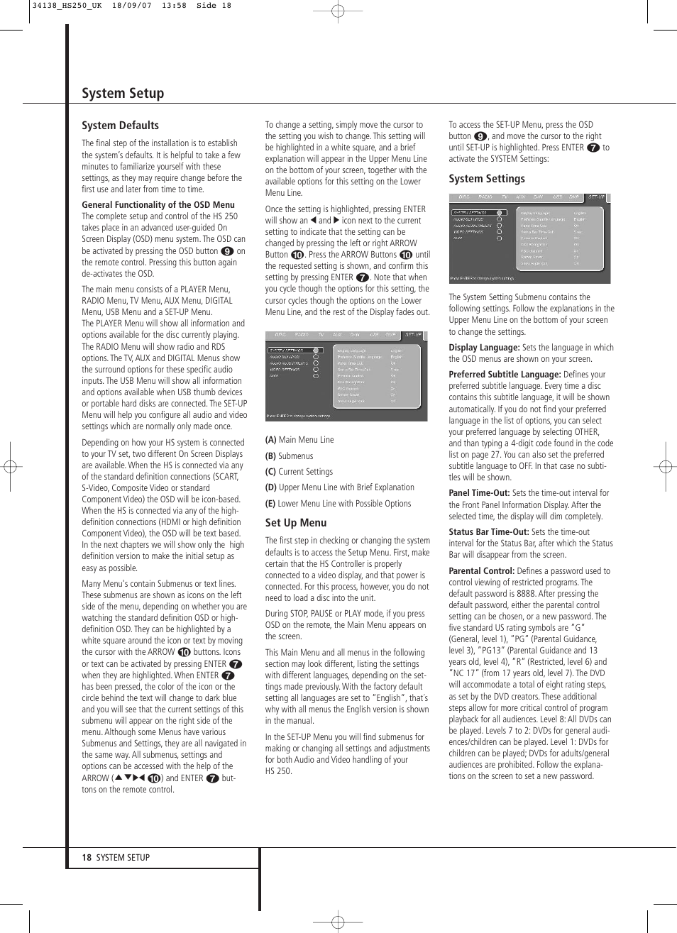 System setup | Harman-Kardon HS 250 User Manual | Page 18 / 32