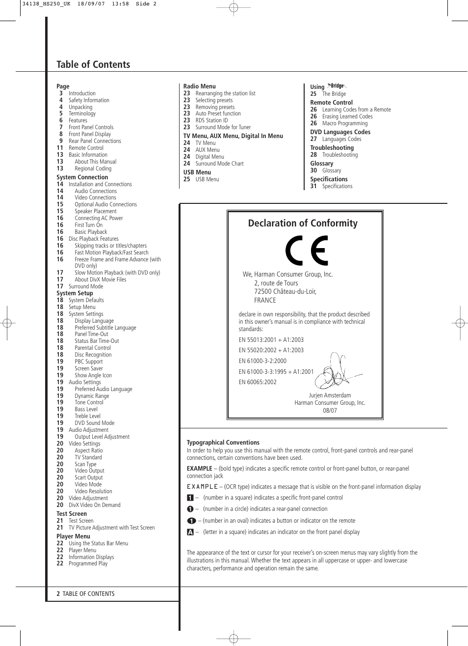 Harman-Kardon HS 250 User Manual | Page 2 / 32
