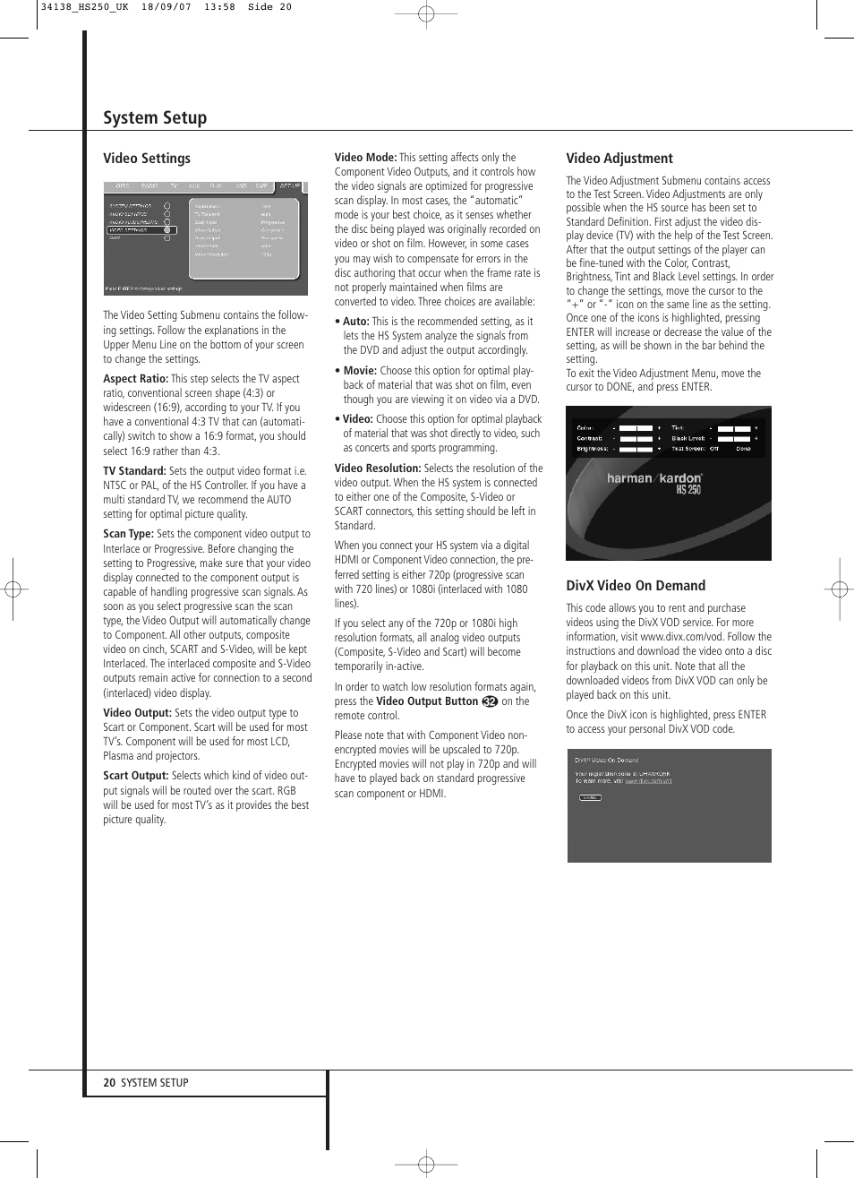 System setup | Harman-Kardon HS 250 User Manual | Page 20 / 32