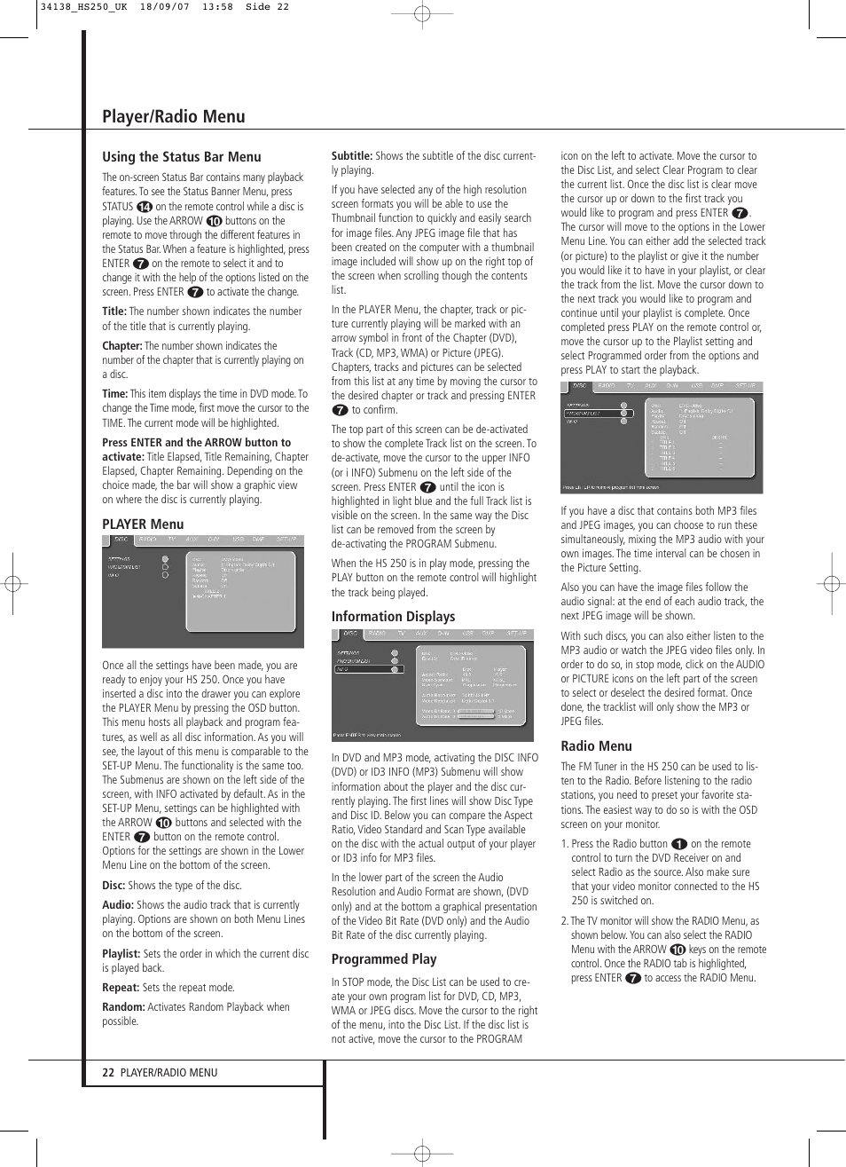 Player/radio menu | Harman-Kardon HS 250 User Manual | Page 22 / 32
